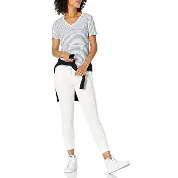 Amazon Essentials Women's Classic-Fit Short-Sleeve V-Neck T-Shirt - Discontinued Colors, Pack of 2, Olive Camo/White Stripe, Large