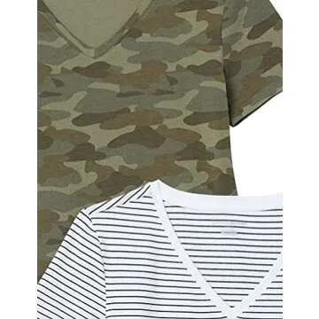 Amazon Essentials Women's Classic-Fit Short-Sleeve V-Neck T-Shirt - Discontinued Colors, Pack of 2, Olive Camo/White Stripe, Large
