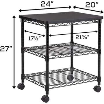 Safco Deskside 3 Tier Rolling Cart Printer Stand for Home Office, Mobile Utility Table