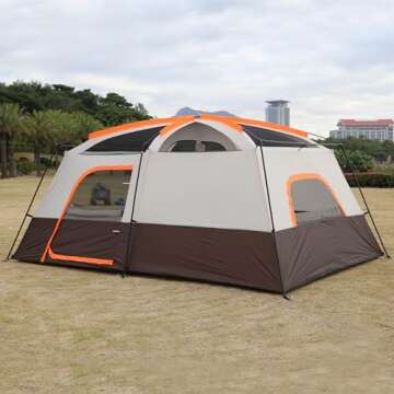 KTT Extra Large Tent 12 Person,Family Cabin Tents,2 Rooms,3 Doors and 3 Windows with Mesh,Straight Wall,Waterproof,Double Layer,Big Tent for Outdoor,Picnic,Camping,Family Gathering(Brown)