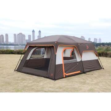 KTT Extra Large Tent 12 Person,Family Cabin Tents,2 Rooms,3 Doors and 3 Windows with Mesh,Straight Wall,Waterproof,Double Layer,Big Tent for Outdoor,Picnic,Camping,Family Gathering(Brown)