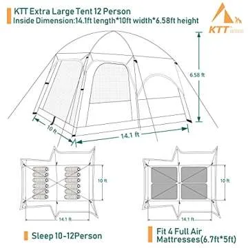 KTT Extra Large Tent 12 Person,Family Cabin Tents,2 Rooms,3 Doors and 3 Windows with Mesh,Straight Wall,Waterproof,Double Layer,Big Tent for Outdoor,Picnic,Camping,Family Gathering(Brown)
