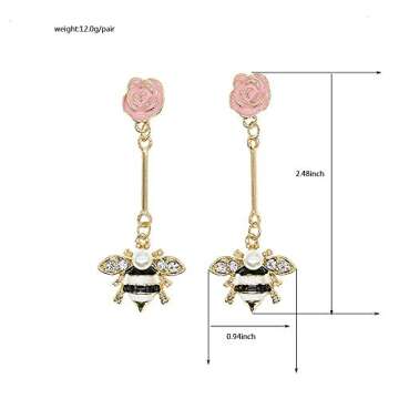 Enamel Bee Dangle Hang Earrings Vintage Gold Inspired Crystal Queen Bee Drop Earring Lovely Pearl Honeybee Animal Earrings Insect Hypoallergenic Fashion Earring Women Teen Girl Jewelry