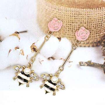 Enamel Bee Dangle Hang Earrings Vintage Gold Inspired Crystal Queen Bee Drop Earring Lovely Pearl Honeybee Animal Earrings Insect Hypoallergenic Fashion Earring Women Teen Girl Jewelry