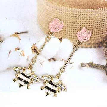 Enamel Bee Dangle Hang Earrings Vintage Gold Inspired Crystal Queen Bee Drop Earring Lovely Pearl Honeybee Animal Earrings Insect Hypoallergenic Fashion Earring Women Teen Girl Jewelry