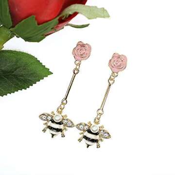 Enamel Bee Dangle Hang Earrings Vintage Gold Inspired Crystal Queen Bee Drop Earring Lovely Pearl Honeybee Animal Earrings Insect Hypoallergenic Fashion Earring Women Teen Girl Jewelry
