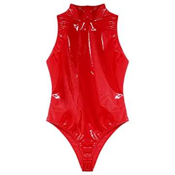 LiiYii Women's Bodycon Shiny Wet Look Leather Bodysuit Mock Neck Leotard Catsuits for Nightclub Raves Red Medium