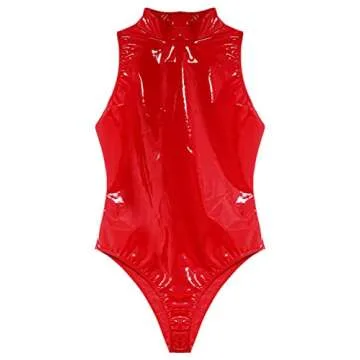 LiiYii Women's Bodycon Shiny Wet Look Leather Bodysuit Mock Neck Leotard Catsuits for Nightclub Raves Red Medium