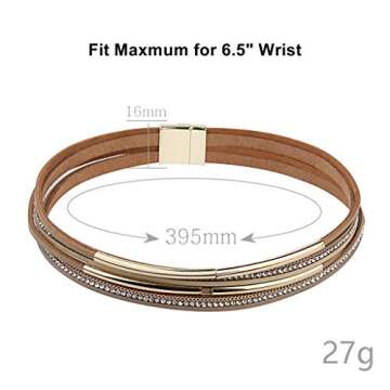 TASBERN Casual Women Leather Bracelet Crystal Metal Tube Wrap Cuff Bracelets Bangle with Magnetic Clasp for Christmas Gift