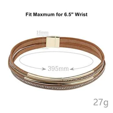 TASBERN Casual Women Leather Bracelet Crystal Metal Tube Wrap Cuff Bracelets Bangle with Magnetic Clasp for Christmas Gift