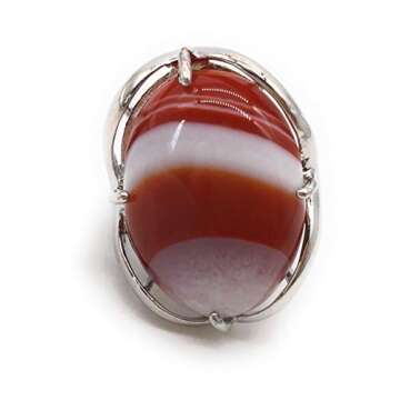 Natural Stone Adjustable Finger Rings Semi Precious Oval Shaped Gemstone Jewelry For Women Anniversary Birthday Wedding Gift (Carnelian)