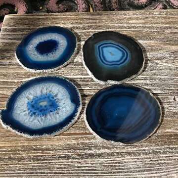 Set of 4 Agate Coasters - Blue Colored Agate Coasters - Silver Rimmed - Bumpers