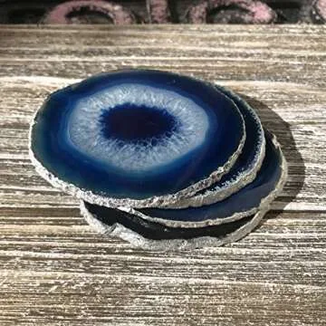 Set of 4 Agate Coasters - Blue Colored Agate Coasters - Silver Rimmed - Bumpers