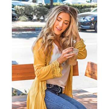 Tickled Teal Women's 3/4 Sleeve Lace Trim Casual Wrap Cardigan Coverup Outerwear Sweater (Mustard, X...