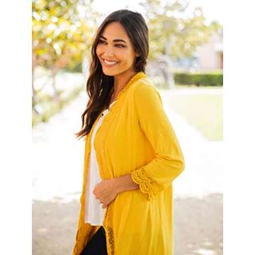 Tickled Teal Women's 3/4 Sleeve Lace Trim Casual Wrap Cardigan Coverup Outerwear Sweater (Mustard, X-Large)