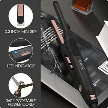 K&K Mini Flat Iron for Short Hair 3/10 inch Small Hair Straightener for Pixie & Beard creamic Flat I...