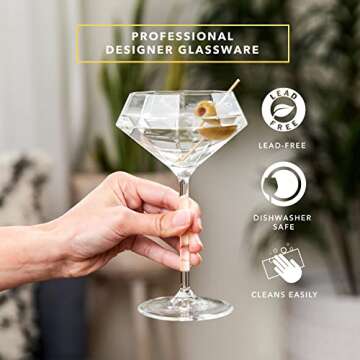 Dragon Glassware Martini Glasses, Clear Diamond Shaped Cocktail Barware, Large Cosmopolitan and Cocktail Barware, Unique and Fun Gift for Espresso Martini Lovers, 8 oz Capacity, Set of 2