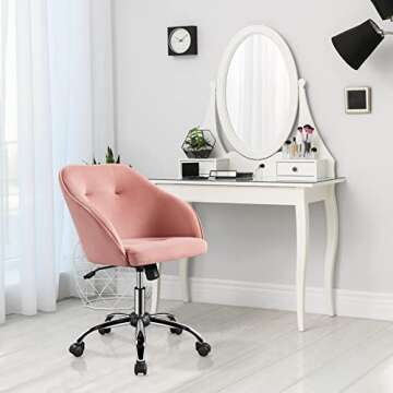 Yaheetech Comfy Desk Chair Cute Office Chair Pink Velvet Desk Chair Makeup Chair Vanity Chair with Back, Modern Swivel Computer Chair Accent Chair for Bedroom