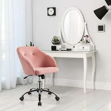 Yaheetech Comfy Desk Chair Cute Office Chair Pink Velvet Desk Chair Makeup Chair Vanity Chair with Back, Modern Swivel Computer Chair Accent Chair for Bedroom