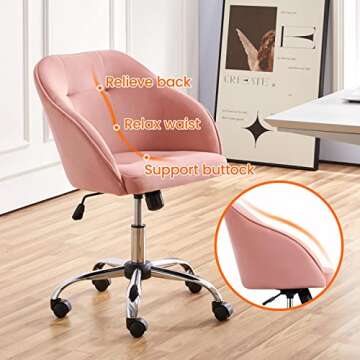 Yaheetech Comfy Desk Chair Cute Office Chair Pink Velvet Desk Chair Makeup Chair Vanity Chair with Back, Modern Swivel Computer Chair Accent Chair for Bedroom