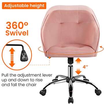 Yaheetech Comfy Desk Chair Cute Office Chair Pink Velvet Desk Chair Makeup Chair Vanity Chair with Back, Modern Swivel Computer Chair Accent Chair for Bedroom