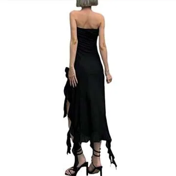 Women Summer Sexy Irregular Tassels Ruffle Dress Strapless Backless 3D Floral Mesh Tube Dress Club Party Long Dress