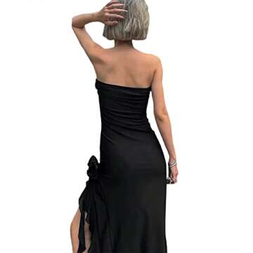 Women Summer Sexy Irregular Tassels Ruffle Dress Strapless Backless 3D Floral Mesh Tube Dress Club Party Long Dress