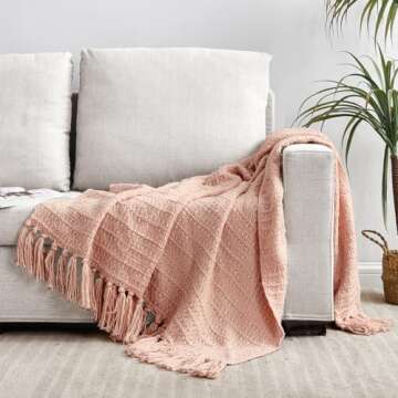 HORIMOTE HOME Cozy Chunky Knit Peach Pink Throw Blanket with Textured Basket Weave Pattern and Fring...