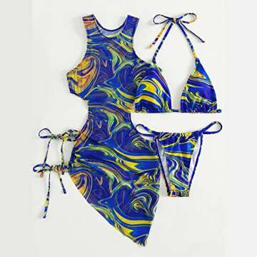 3 Piece Swimsuits for Women Padded Floral Print String Bikini Sets Bathing Suit Set Sexy Cutout High Neck Mesh Beach Cover Up