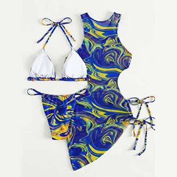 3 Piece Swimsuits for Women Padded Floral Print String Bikini Sets Bathing Suit Set Sexy Cutout High Neck Mesh Beach Cover Up