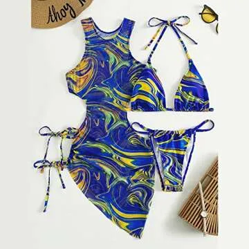 3 Piece Swimsuits for Women Padded Floral Print String Bikini Sets Bathing Suit Set Sexy Cutout High Neck Mesh Beach Cover Up