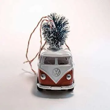 Red Van Bus Christmas Ornament with Tree on Top | Festive Holiday Decor