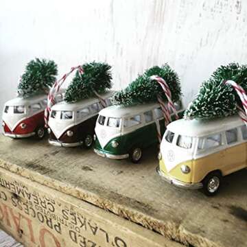 Red Van Bus Christmas Ornament with Tree on Top