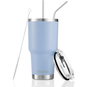 D·S 30oz Blue Tumbler - Double Wall Vacuum Insulated Mug with Straw and Lid, Cleaning Brush for Hot...