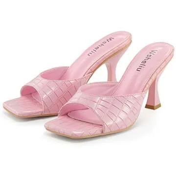 Wsheliu Pink Crocodile Kitten Heels Mules for Women