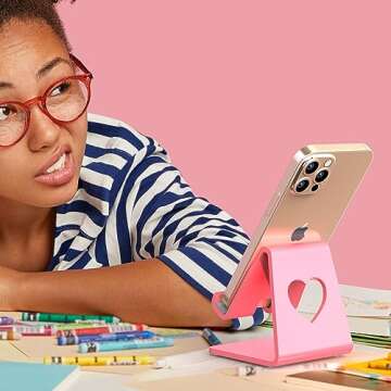 Crpich Acrylic Cell Phone Stand, Portable Phone Holder, Pink Phone Stand for Desk, Compatible with Phone15 14 13 12 Pro Max Mini 11 Plus SE, Switch, Android Smartphone, Pad, Tablet, Desk Accessories