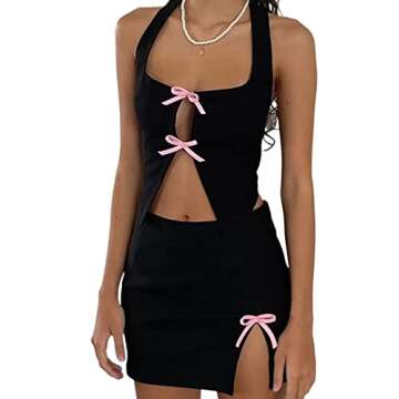 DSORVICD Women Y2k Sexy 2 Piece Skirt Sets Tie Front Sleeveless Scoop Neck Crop Top+Slit Bodycon Min...