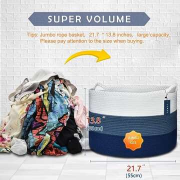 COMSE Extra Large Blanket Basket, Storage Basket, Laundry Basket, 21.7”x 13.8”, Laundry Hamper, Cotton Rope Basket, Blanket Basket Living Room, Toy Basket (White & Cadet Blue & Navy Blue)