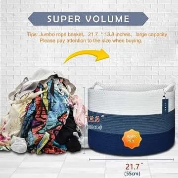 COMSE Extra Large Blanket Basket, Storage Basket, Laundry Basket, 21.7”x 13.8”, Laundry Hamper, Cotton Rope Basket, Blanket Basket Living Room, Toy Basket (White & Cadet Blue & Navy Blue)