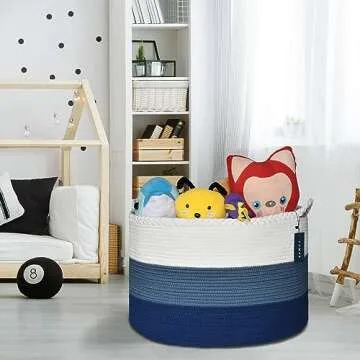 COMSE Extra Large Blanket Basket, Storage Basket, Laundry Basket, 21.7”x 13.8”, Laundry Hamper, Cotton Rope Basket, Blanket Basket Living Room, Toy Basket (White & Cadet Blue & Navy Blue)