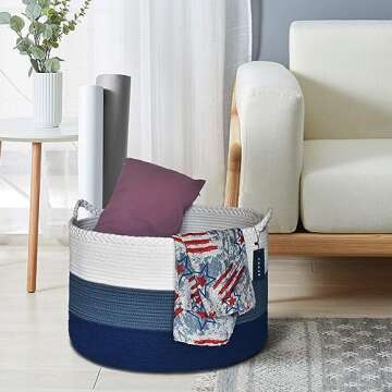COMSE Extra Large Blanket Basket, Storage Basket, Laundry Basket, 21.7”x 13.8”, Laundry Hamper, Cotton Rope Basket, Blanket Basket Living Room, Toy Basket (White & Cadet Blue & Navy Blue)