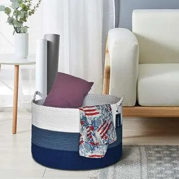 COMSE Extra Large Blanket Basket, Storage Basket, Laundry Basket, 21.7”x 13.8”, Laundry Hamper, Cotton Rope Basket, Blanket Basket Living Room, Toy Basket (White & Cadet Blue & Navy Blue)