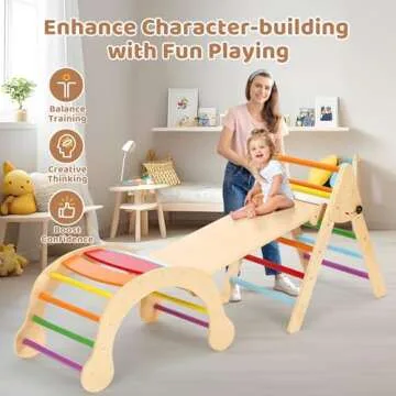 YOLEO 7-in-1 Pikler Triangle Set, Large Wooden Climbing Toys for Toddlers 1-3 Inside, Montessori Fun Toddler Climbing Toys Indoor Playground and Jungle Gyms Playset,Easy-Fold Pikler Triangle (Rainbow)