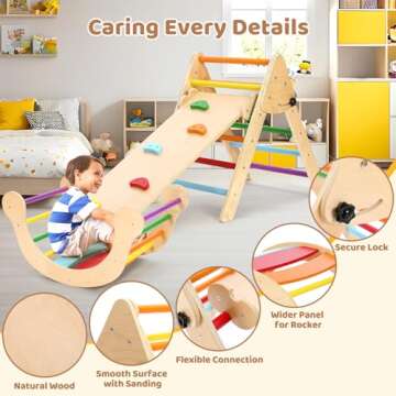 YOLEO 7-in-1 Pikler Triangle Set, Large Wooden Climbing Toys for Toddlers 1-3 Inside, Montessori Fun Toddler Climbing Toys Indoor Playground and Jungle Gyms Playset,Easy-Fold Pikler Triangle (Rainbow)