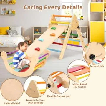 YOLEO 7-in-1 Pikler Triangle Set, Large Wooden Climbing Toys for Toddlers 1-3 Inside, Montessori Fun Toddler Climbing Toys Indoor Playground and Jungle Gyms Playset,Easy-Fold Pikler Triangle (Rainbow)