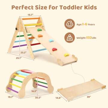 YOLEO 7-in-1 Pikler Triangle Set, Large Wooden Climbing Toys for Toddlers 1-3 Inside, Montessori Fun Toddler Climbing Toys Indoor Playground and Jungle Gyms Playset,Easy-Fold Pikler Triangle (Rainbow)