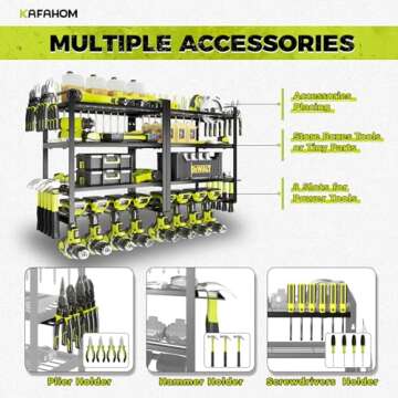 KAFAHOM Power Tool Organizer, 8 Drill Holder Wall Mount, 4 Layers Garage Tool Organizers and Storage Rack, Tool Shelf with Screwdriver/Plier/Hammer Holder