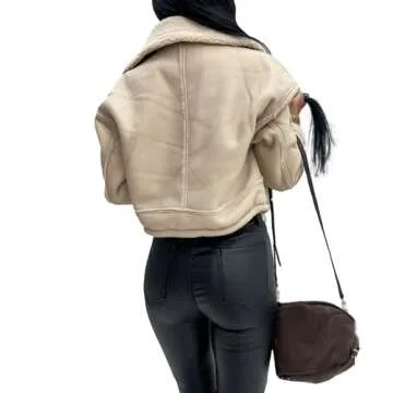 Sexyshine Women's Faux Shearing Moto Bomber Jacket Sherpa-Lined Coat Winter Aviator Leather Coat Outerwear(23744BW,L)