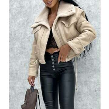 Sexyshine Women's Faux Shearing Moto Bomber Jacket Sherpa-Lined Coat Winter Aviator Leather Coat Outerwear(23744BW,L)