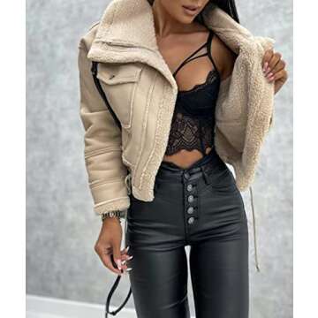 Sexyshine Women's Faux Shearing Moto Bomber Jacket Sherpa-Lined Coat Winter Aviator Leather Coat Outerwear(23744BW,L)
